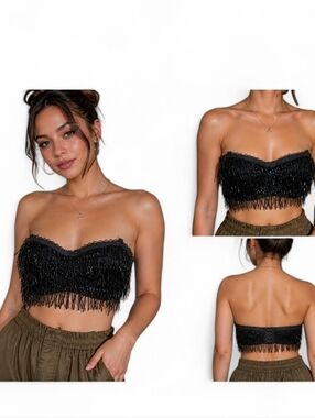 Vintage 90s Beaded Fringe Strapless Bra Top Black Gelmart Burlesque Cabaret. 32B